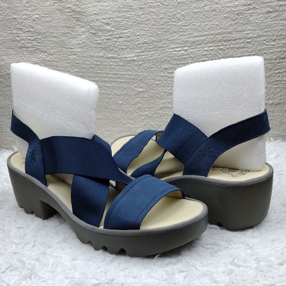 Fly London TAJI 502 Fly Bumblebee Blue  Fabric Suede Platform Slingback Sandal - Picture 1 of 16